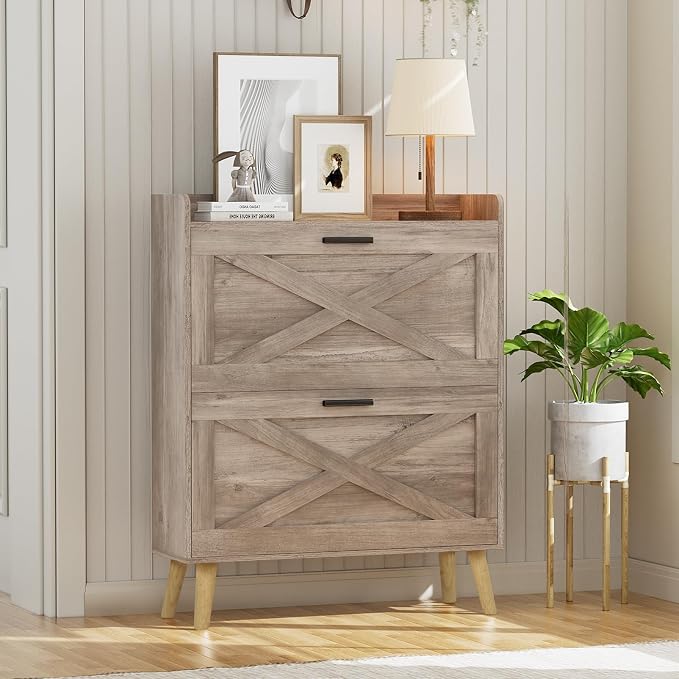 Homleke 32" W Farmhouse Shoe Storage Cabinet with 2 Flip Drawers and Barn Door Design, Adjustable Shelves, Modern Hidden Slim Narrow Shoe Rack Cabinet for Entryway, Foyer, Hallway, Living Room, Greige by Homleke