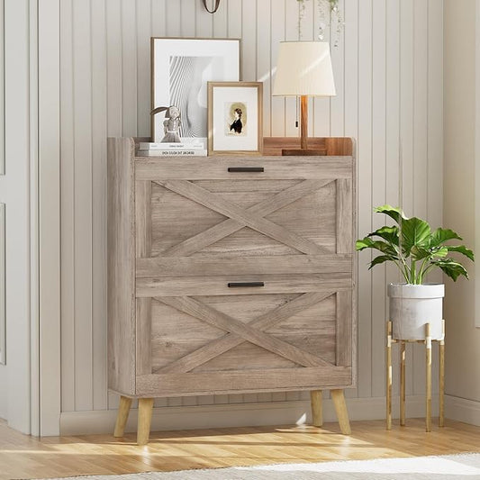 Homleke 32" W Farmhouse Shoe Storage Cabinet with 2 Flip Drawers and Barn Door Design, Adjustable Shelves, Modern Hidden Slim Narrow Shoe Rack Cabinet for Entryway, Foyer, Hallway, Living Room, Greige by Homleke