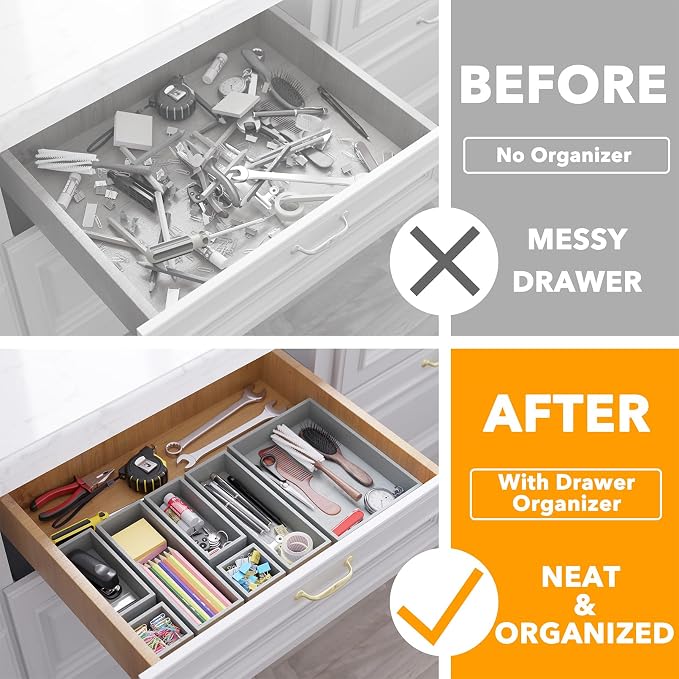 SpaceAid 7-Piece Bamboo Drawer Organizer Storage Boxes Set, Wood Tray Junk Drawer Organizers Multi-Use Divider Bins for Kitchen, Bathroom, Office Desk and Makeup Organization (7 Pack, Gray) - Image 2