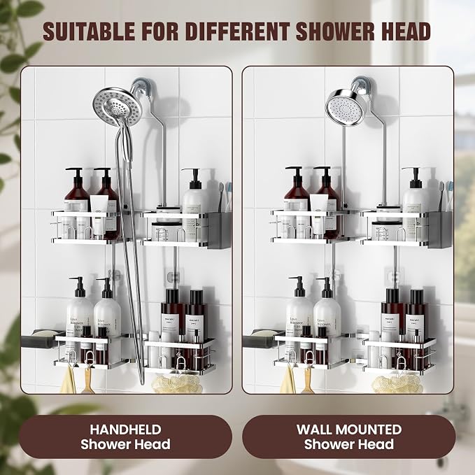 REINHARDT Adjustable Shower Caddy Hanging Rustproof Shower Caddy for Handheld Showerheads, Shower Organizer with Hooks Soap Holder, Anti-Swing Shower Rack Bathroom Accessories, Silver - Image 4
