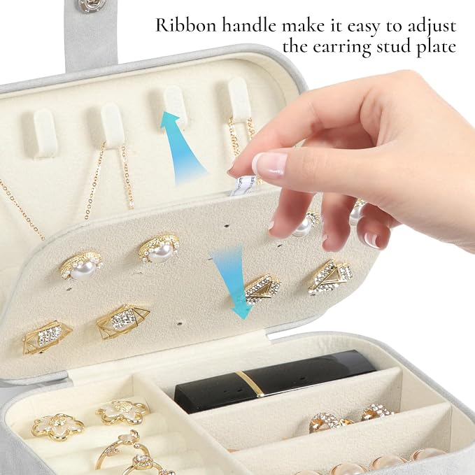 Hatori Travel Jewelry Box, PU Leather Small Jewelry Organizer for Women Girls, Portable Mini Travel Case Display Storage Holder Boxes for Stud Earrings, Rings, Necklaces, Bracelets (Grey) - Image 4
