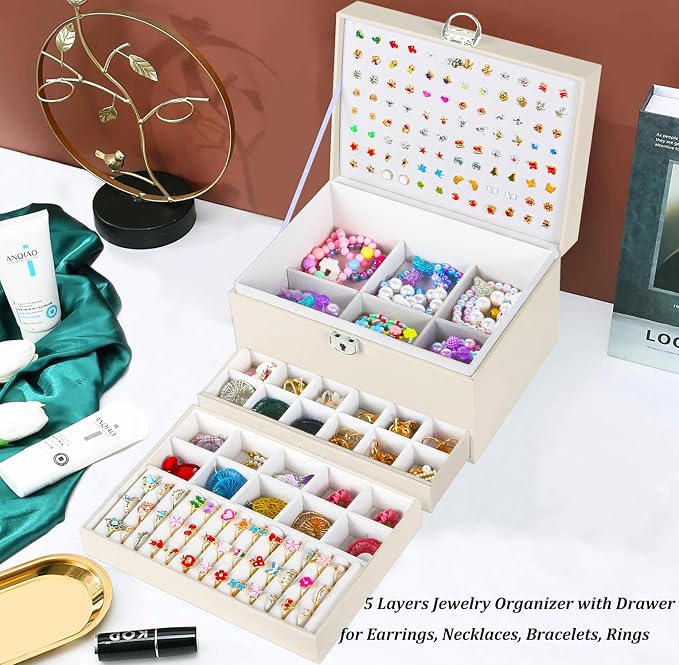 QBestry Earrings Jewelry Box for Girls, 5 Layers Jewelry Organizer with Earring Holder Organizer for Girls Earring Organizer Jewelry Boxes for Women Earrings and Necklaces Jewelry Box Organizer Beige - Image 8