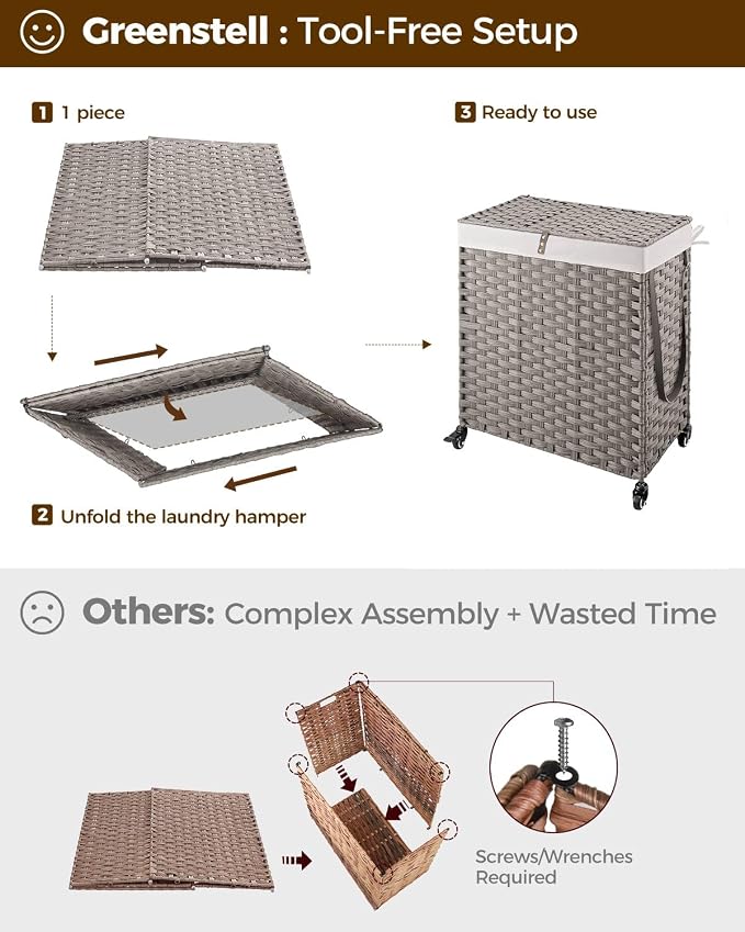 Greenstell Laundry Hamper with Wheels, No Install Needed, 110L Divided Handwoven Hampers & 2 Removable Liner Bags, Rattan Clothes Laundry Basket with Lid & Handles, Foldable Hampers Gray 22x13x26.4 In - Image 7