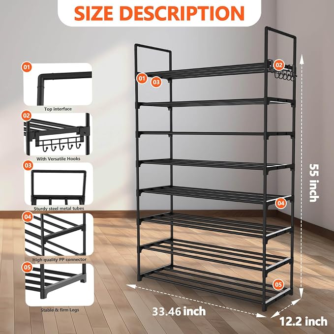 Hsscblet 8 Tiers Metal Shoe Rack,Adjustable Shoe Shelf Storage Organizer with Hooks,Stackable Boot & Shoe Storage,for Entryway,Hallway,Closet,Black - Image 2