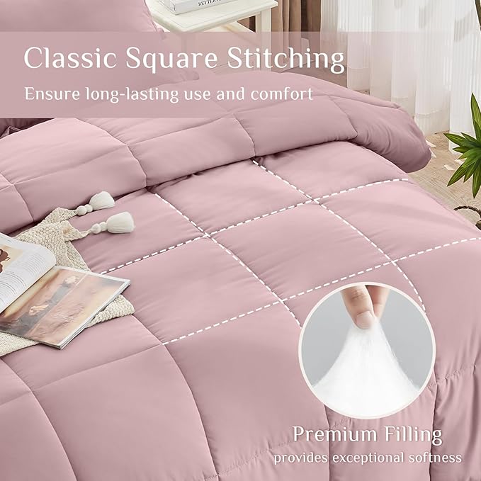JOLLYVOGUE Queen Comforter Set, Ultra-Soft Bed in a Bag Queen Size 7 Pieces, Oeko-TEX Certified Bedding Set with Down Alternative Comforter, Sheets, Pillowcases & Shams, Camio Pink