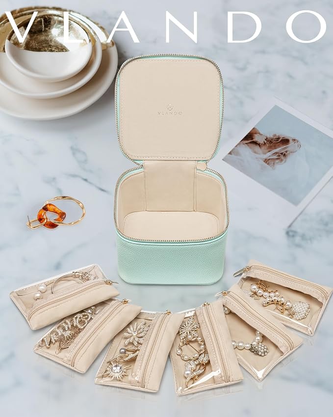 VLANDO Travel Jewelry Box,Jewelry Travel Case with 6 Velvet Jewelry Zipper Pockets Travel Jewelry Organizer for Ring Bracelet Christmas Wedding Birthday Gifts for Wife Daughter Lake Blue - Image 3