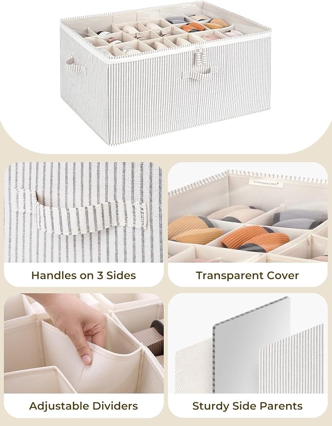 StorageWorks Shoe Organizer for Closet, Fits up to 24 Pairs, Shoe Cubby Storage Containers with Adjustable Dividers and Clear Cover, Khaki and Beige Stripes - Image 5