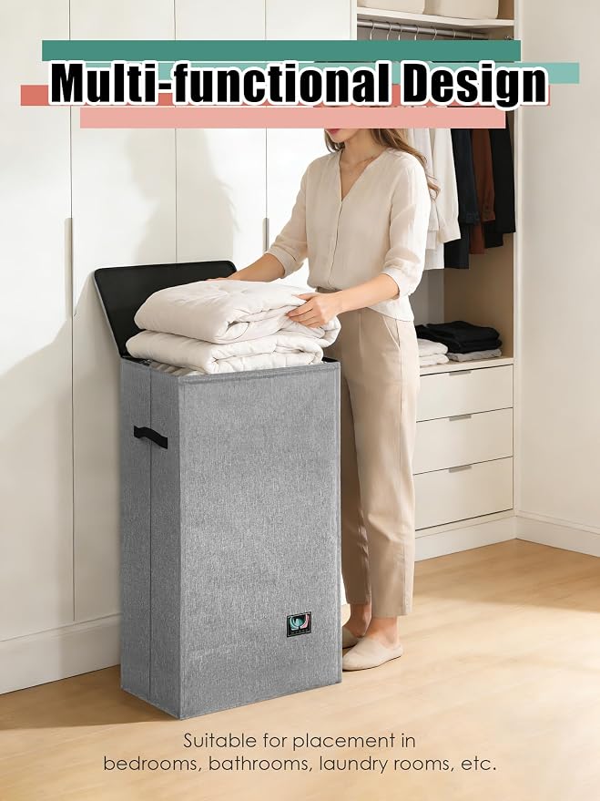 WTREE Laundry Hamper with Lid, Reinforced Sturdy Clothes Hamper with Anti-Puncture Base, Large Collapsible Laundry Basket with Removable Liner Bag, Tall Dirty Clothes Bin for Family, 100L Grey - Image 6