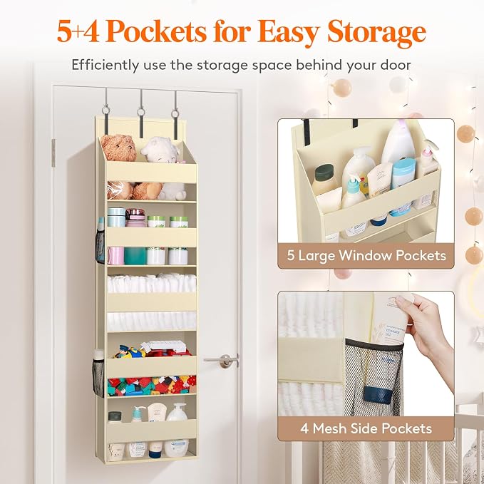 Lifewit 1 Pack Over the Door Organizer, Clear Window Hanging Storage with 4 Side Pockets, Anti Tilt 40 lbs Load Behind Door for Pantry, Nursery, Bathroom, Bedroom, Dorm, 5 Section, Beige - Image 3