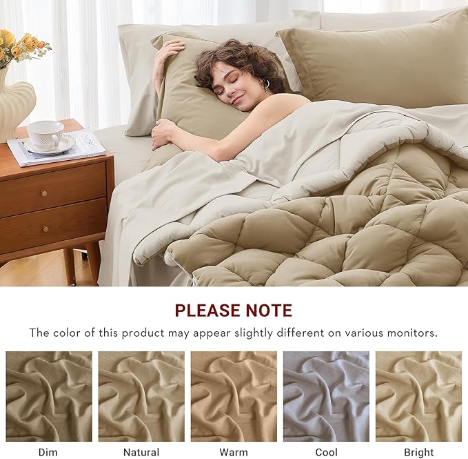 MUXHOMO 5 Pieces Twin XL Comforter Set, Reversible Bed in a Bag Twin XL Size, All Season Bedding Set with Comforter, Flat Sheet, Fitted Sheet, Pillowcases & Shams, Khaki & Linen