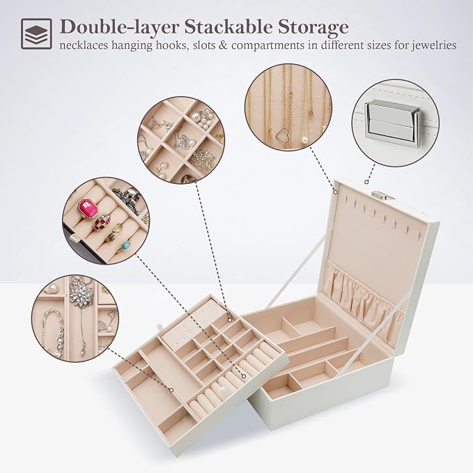 ProCase Jewelry Box for Women, 2 Layers Large Leather Jewelry Organizer Storage Case with Removable Pad for Earrings -White - Image 2