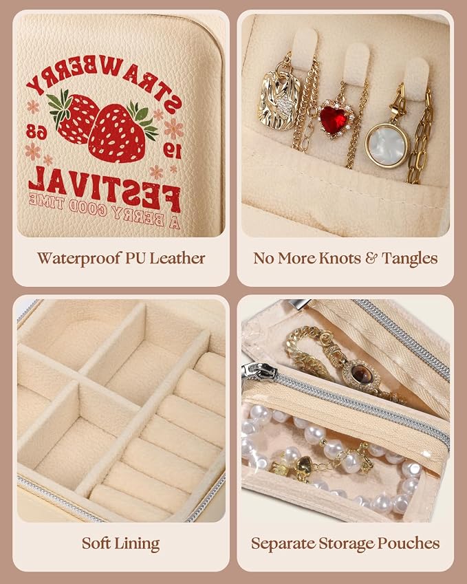 Bistup Travel Jewelry Case - Small Jewelry Organizers and Storage Box for Women Girls Teens Cute Traveling Jewelry Holder with Mirror Little Tiny Compact Strawberry Modern Unique Aesthetic Pretty - Image 5