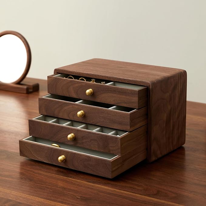 Wooden Jewelry Box for Women Men, Large Velvet Lined Organizer with 4 Drawers, Solid Black Walnut Brass Handles, Jewelry Storage Box for Rings, Necklaces, Earrings by THFLSTR