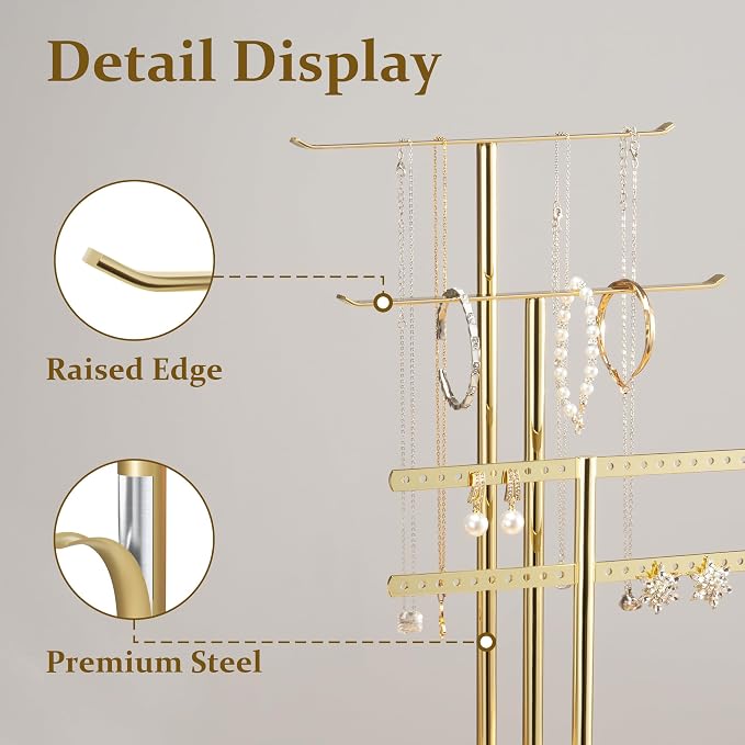 pickpiff Jewelry Stand Holder Organizer: 14.5" Sturdy Hanger for 80 Pcs Jewelry, Jewlery Tower for Display Necklace, Earring, Bracelet, Watch, Mirrored Gold - Image 3