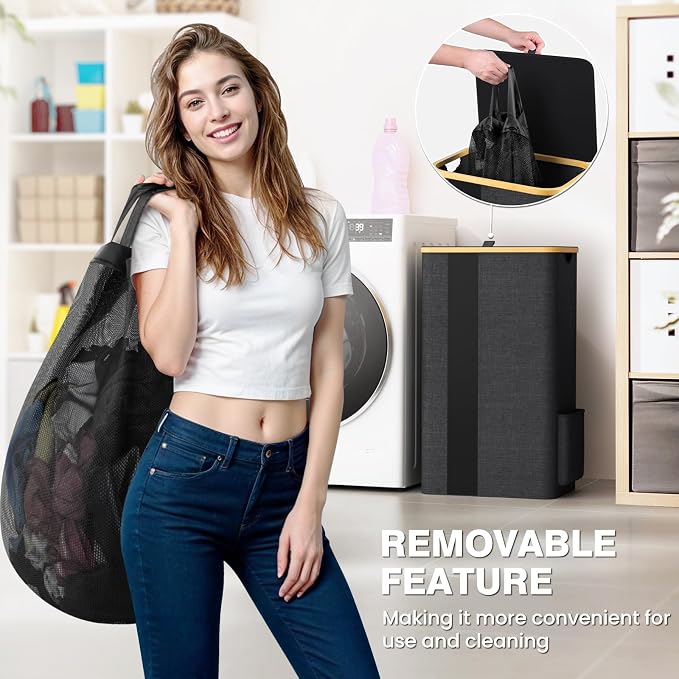 BlissTotes Laundry Basket with Lid, 100L Clothes Laundry Hamper with Handles and Removable Laundry Bag, Breathable Design Hamper with Lid for Bedroom, Bathroom, Dorm, Laundry Room - Dark Grey - Image 2