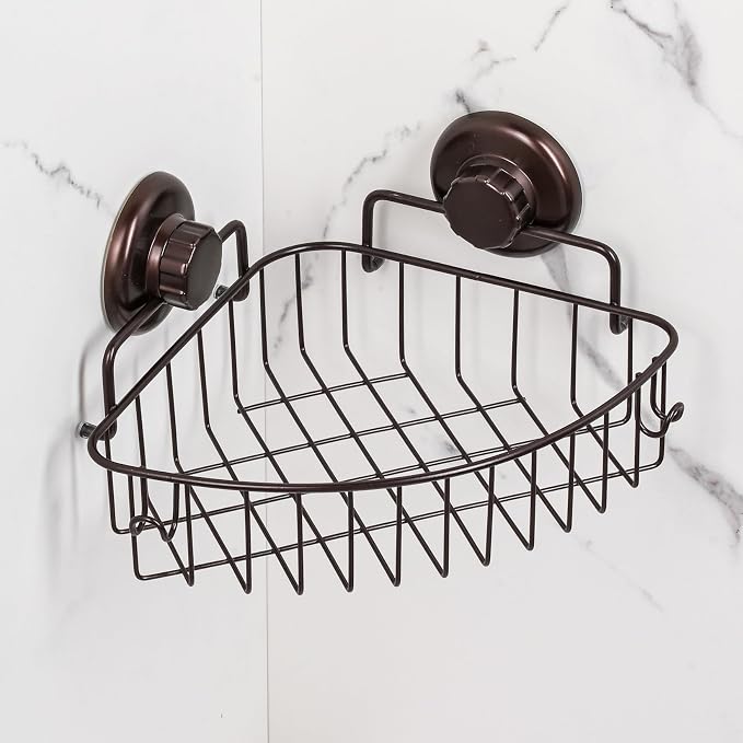 HASKO accessories Suction Cup Corner Shower Caddy - 304 Stainless Steel Shower Shelf - Adhesive 3M Stick Discs Included - Bathroom Caddy with Hooks - No Drilling Bathtub Storage Organizer (Bronze) - Image 2