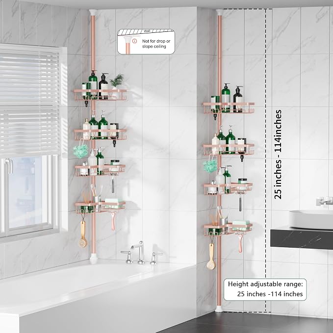 DAOYA Corner Shower Caddy Tension Pole - 4‑Tier Adjustable Shower Shelf Organizer Space‑Saving Bathroom Storage for Bathtub or Floor, Apricot - Image 6