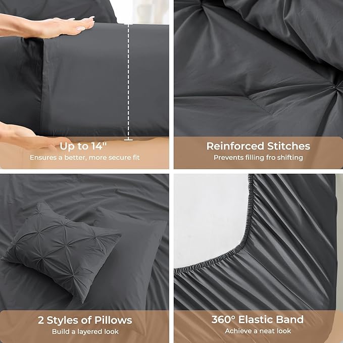 Sasttie Full Size Comforter Set, 7-Piece Bed in a Bag, Pintuck Bedding Sets for All Season, Includes Comforter, Flat Sheet, Fitted Sheet, Pillowcases and Pillowshams, Dark Grey