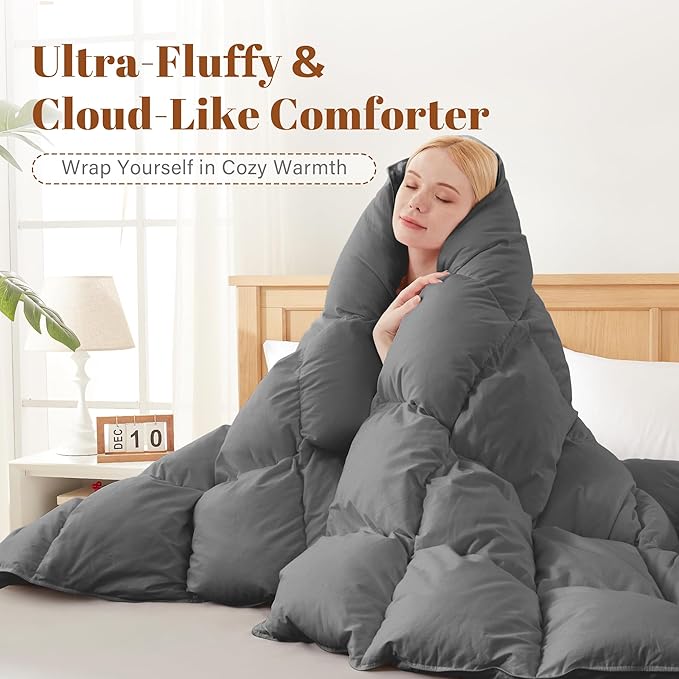 Feather and Down Comforter Insert King Size, 100% Cotton Cover, All Season Grey Down Feather Duvet Insert, Fluffy Soft Hotel Luxury Bedding for Bedroom, 106 x 90 Inches