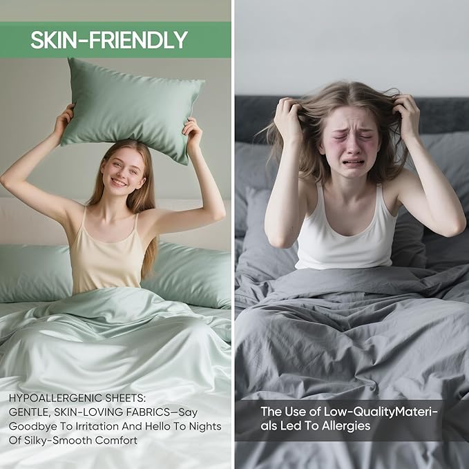 Luxury Organic Tencel & Viscose from Bamboo Cooling Sheet Set,Silky Soft Lyocell Sheets with Deep Pocket, Hypoallergenic & Breathable Bedding with Pillowcases (Sea Glass, California King)