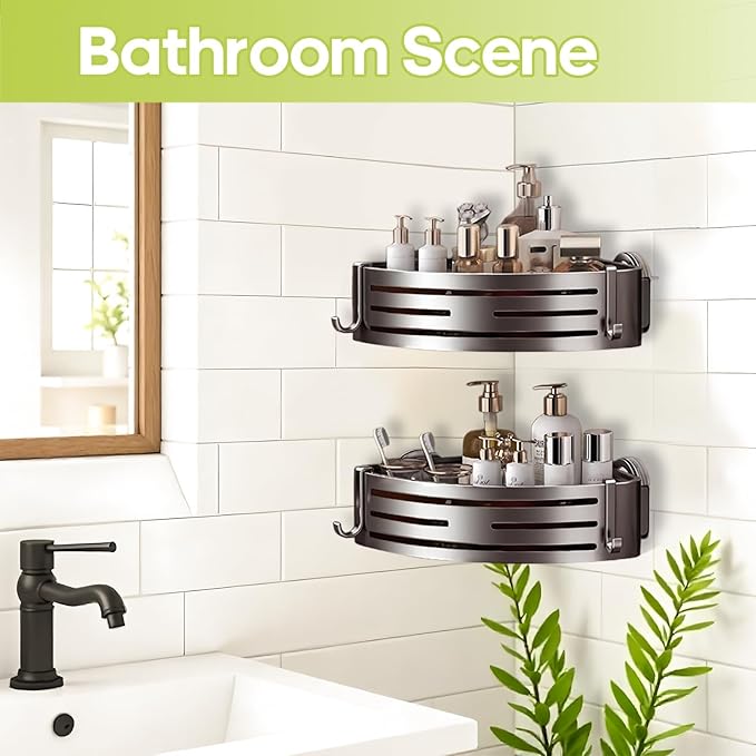 Corner Shower Caddy Suction Cup,Shower Shelves with Hooks,No Drilling Powerful Suction Bathroom Organizers and Storage,Removable Waterproof Rustproof Shower Bathroom Accessories Decor(Grey 1Pack) - Image 4