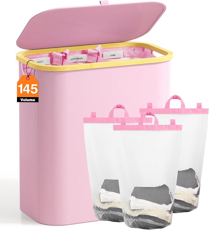 Hampers for Laundry Basket with Lid, 145L Extra Large 3 Section Clothes Divided Organizer for Bedroom, Laundry Room, Dirty Clothing Hamper, Pink by Bathola