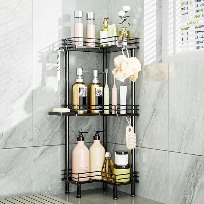 Consumest Corner Shower Caddy Standing - 3-Tier Stainless Steel Shower Organizer with Soap Holder and 4 Hooks, Large Capacity Corner Shelf Stand for Bathroom, Rest Room, Black by Consumest