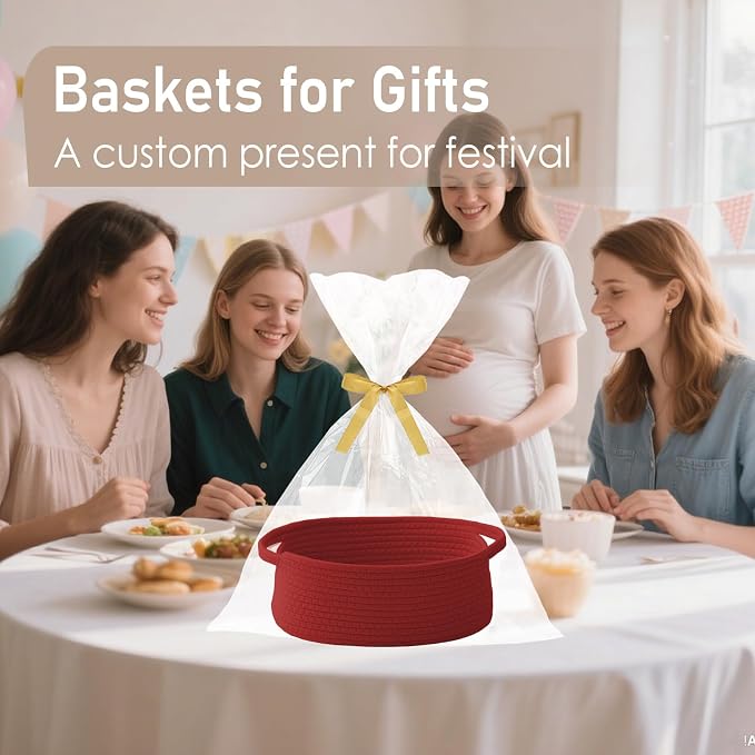 JMvicyroam Woven Basket,Small Rope Storage Bin with Handles & Ribbon Bag, Organizer for Shelves Closets,Gift Basket Empty for Birthday,Books,Dog Toys, Red/2 Pack - Image 4