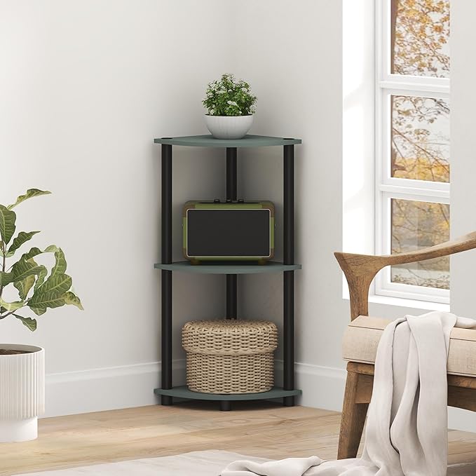 Furinno Turn-N-Tube Corner Shelf, 3-Tier Corner Bookshelf, Display Storage Shelves with Open Shelves, for Organization and Storage, Living Room, Home Office, Garage, Sage Green by Furinno-FitsYourSpaceFitsYourBudget