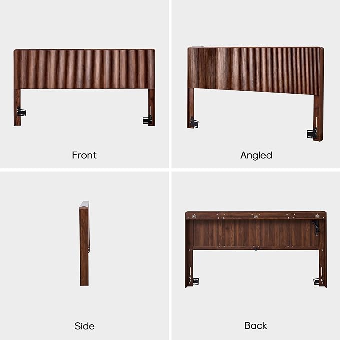 AVZEAR Wood Fluted Headboard King Size, Mid Century Modern King Headboard Only, Wall Mounted Headboard with 2 Outlets and USB & Type C Port, Curved Wooden Bed Headboards, Stylish Bedroom Decor, Walnut