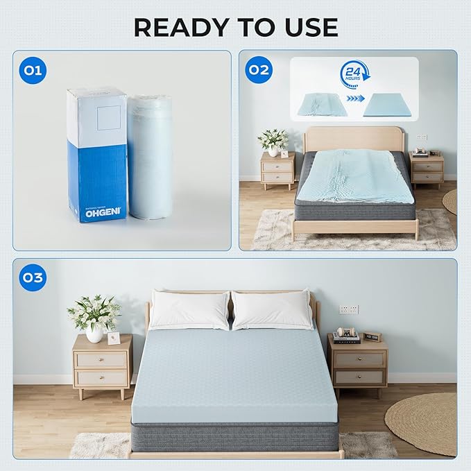 OhGeni 3 Inch Queen Memory Foam Mattress Topper Pad with Cover, Egg Crate Foam with Anti-Slip Base, Enhanced with Cooling Gel，Premium Comfort for Sleep & Back Pain Relief, Removable & Washable
