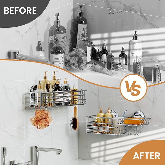 LEVERLOC Shower Caddy Suction Cup, 2 Pack Heavy Duty Bathroom Organizer for Inside Shower with Hooks & Soap holder, Removable and Rustproof Silver bathroom Holder Storage - Image 6