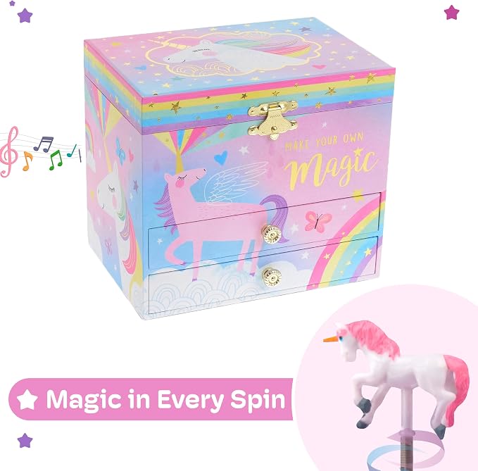 Jewelkeeper Unicorn Musical Jewelry Box for Girls - Cotton Candy Unicorn Design Music Box with 2 Pullout Drawers to Store Earrings, Necklace and Bracelets, Plays The Beautiful Dreamer Tune - Image 6