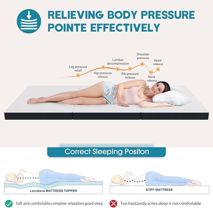 3 inch Folding Mattress Tri Fold Memory Foam Mattress Topper Portable Foldable Mattress Topper with Washable Cover Non-Slip Bottom for Camping, Guest, Floor RV, CertiPUR-US Certified, Full