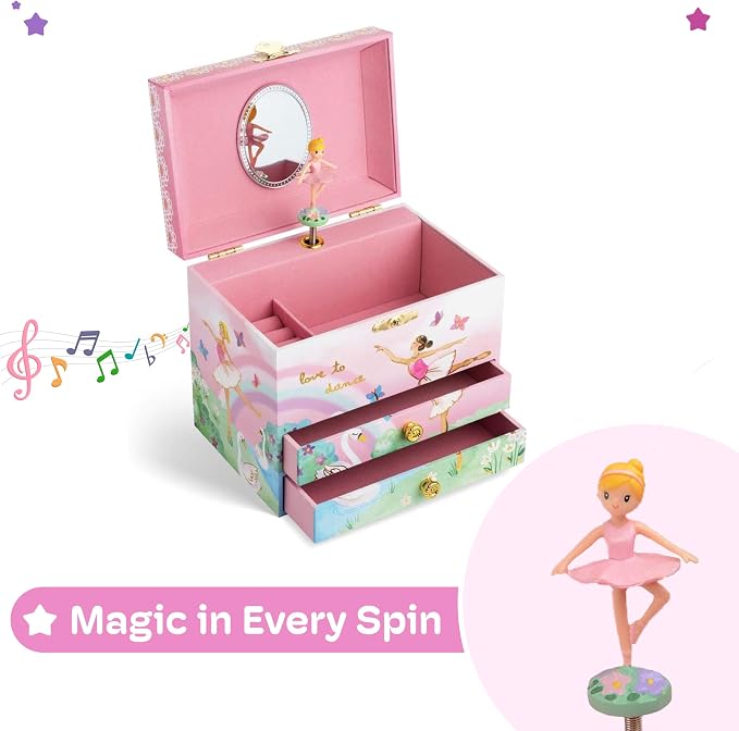Jewelkeeper Jewelry Box for Girls - Spinning Ballerina Doll to Swan Lake Tune Music Box - Pink Jewelry Boxes for Girls with 2 Drawers - Ideal for Storing Necklaces and Bracelets - 7Lx5Hx6W Inches - Image 7