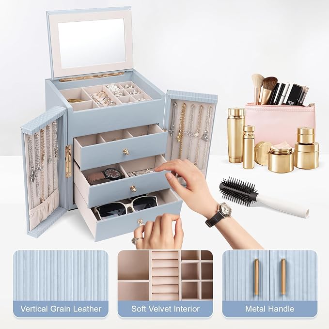 Dajasan Large Jewelry Box Organizer, Jewelry Storage Organizer with 3 Drawers, Huge Jewelry Box with Mirror for Women Girls, Double Door, Textured PU Leather, Gift Idea, Stylish (Blue + Gold) - Image 4