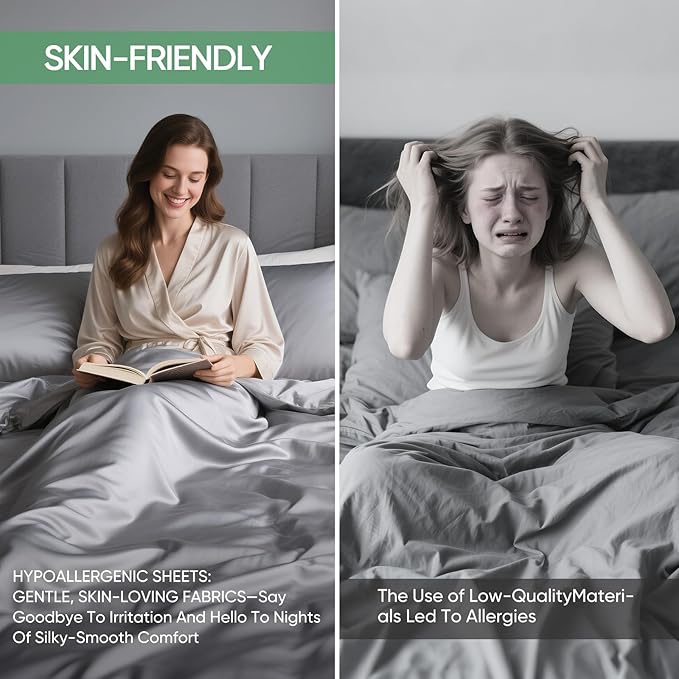 Luxury Organic Tencel & Viscose from Bamboo Cooling Sheet Set,Silky Soft Lyocell Sheets with Deep Pocket, Hypoallergenic & Breathable Bedding with Pillowcases (Gray, Queen)