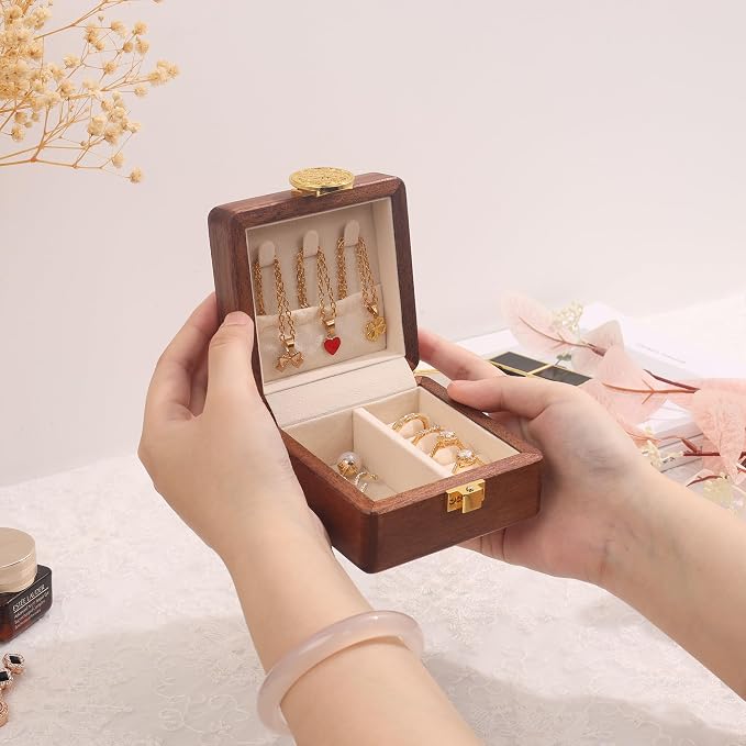 Travel Jewelry Case Wood Small Jewelry Box for Women Wood Jewelry Organizer Storage Holder For Earrings Rings Necklaces Velvet Wooden Jewelry Box With Lock - Image 8