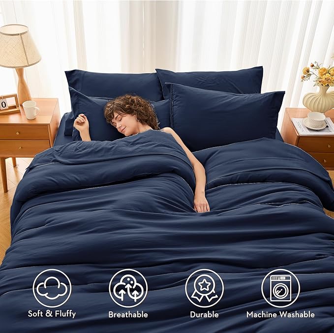 MUXHOMO 5 Pieces Twin XL Comforter Set, Soft Bed in a Bag Twin XL Size, All Season Bedding Set with Comforter, Flat Sheet, Fitted Sheet, Pillowcases & Shams, Navy Blue