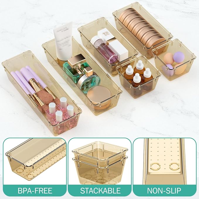 WOWBOX 12 Pack Clear Drawer Organizer Set, Acrylic Drawer Storage Trays, Storage Bins for Makeup, Cosmetics, Jewelries, Utensils, Gadgets, Office, Champagne - Image 3