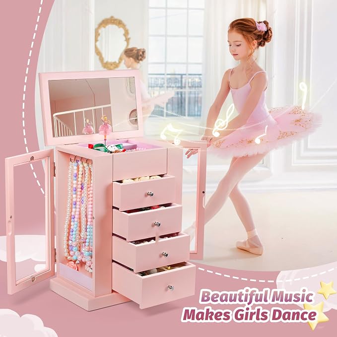 Emfogo Jewelry Box for Girls, Musical Jewelry Box with Spinning Dancer Gifts for Little Girls Christmas New Year Birthday Children's Day, 5 Layer Large Wooden Kids Music Jewelry Organizer Box(Pink) - Image 3