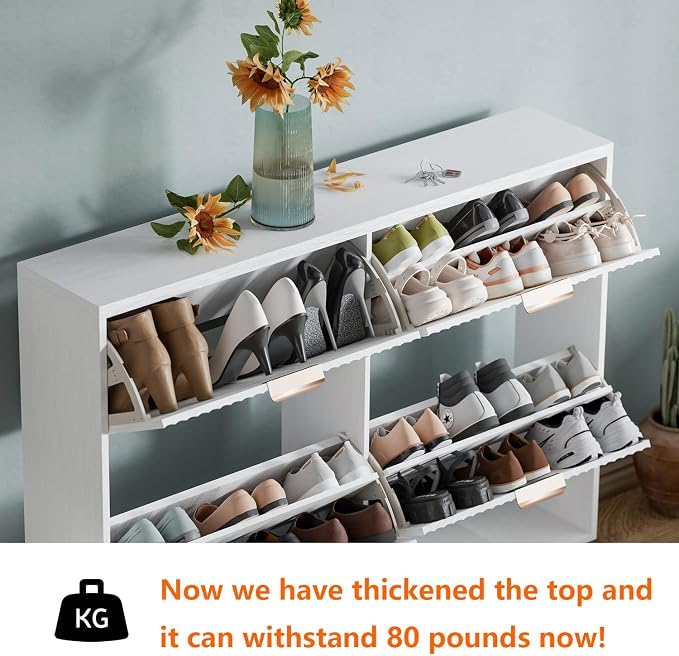 Shoe Cabinet Storage,Modern Freestanding Organizer with 4 Flip Drawers,Narrow Shoe Rack Cabinet for Entryway,White - Image 4