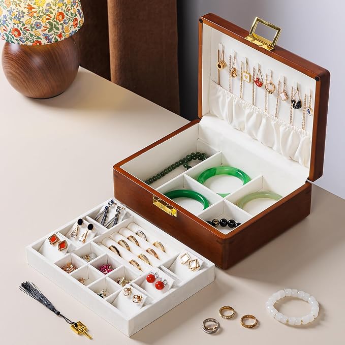 Solid Walnut Wood Jewelry Box with Lock, 2 Layer Velvet Jewelry Organizer Storage for Earrings Rings Necklaces Bracelets Cufflink, Gift Idea for Men Women, Beige - Image 2