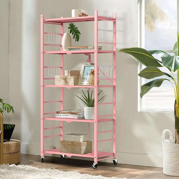 Himix Storage Shelves with 20 Hooks, 5-Tier Foldable Shelves for Storage, Folding Shelf Unit Pantry Shelves with Wheels, Standing Shelving Unit for Kitchen Garage Home Office Room Greenhouse, Pink - Image 2