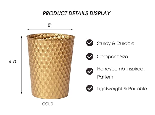 Venalys Small Metal Trash Can Wastebasket, Decorative Honeycomb Garbage Can Waste Basket, Modern Farmhouse Round Trash Bin for Bathroom, Bedroom, Kitchen and Office (Gold) - Image 6