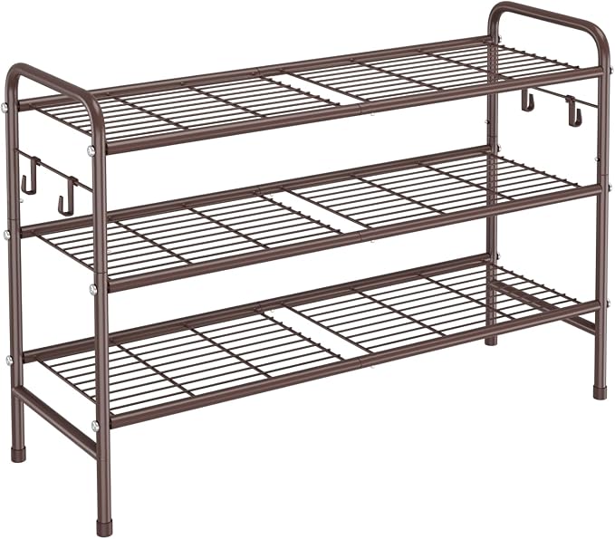 VILICK 3 Tier Shoe Rack 33" Wide Metal Shoe Organizer Long Shoe Storage with 4 Side Hooks Sturdy Shoes Shelf for Front Door Entrance, Closet, Garage, Dorm, Brown by VILICK