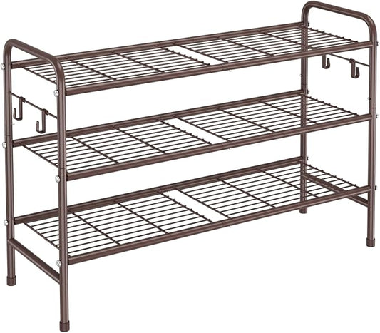VILICK 3 Tier Shoe Rack 33" Wide Metal Shoe Organizer Long Shoe Storage with 4 Side Hooks Sturdy Shoes Shelf for Front Door Entrance, Closet, Garage, Dorm, Brown by VILICK