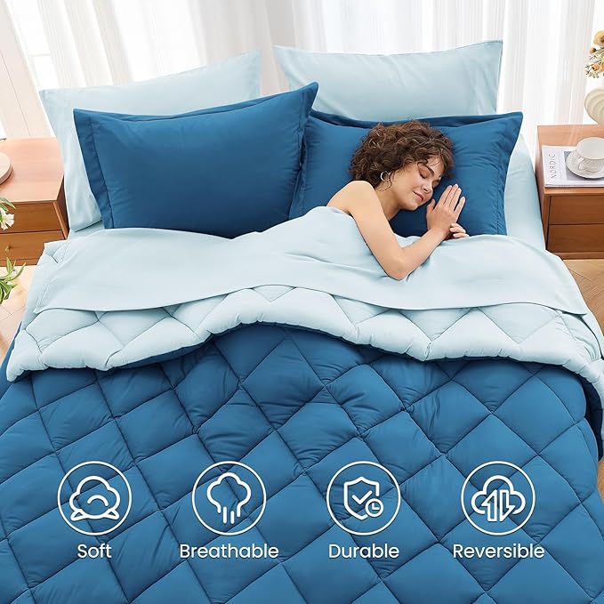 MUXHOMO 5 Pieces Twin XL Comforter Set, Reversible Bed in a Bag Twin XL Size, All Season Bedding Set with Comforter, Flat Sheet, Fitted Sheet, Pillowcases & Shams, Teal & Lake Blue