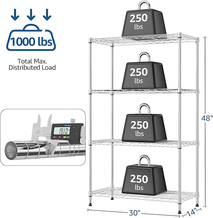M MZG 1000 lbs 4Tier Shelf Metal Storage Shelves Wire Rack Closet Organizers with Wheel for Garage Kitchen Bathroom Laundry Chrome 13.7" D x 29.5" W x 47.2" H - Image 3