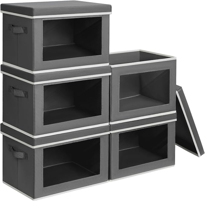 Homsorout Stackable Storage Bins with Lids - Medium Storage Box with Lids, Foldable Closet Boxes for Organizing, Wardrobe Clothes Organizer with Window, Cubes Bins for Living Room, 5 Pack, Dark Grey by Homsorout